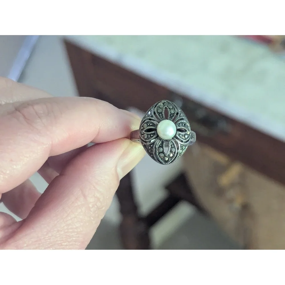 Art Deco 925‎ Marcasite Pearl Filigree Ring Size 10 VTG Estate Sterling Silver